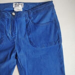 Chanel Slim Jeans Blue Pants Cotton Skinny Stretch Button CC 12C Full Length 38